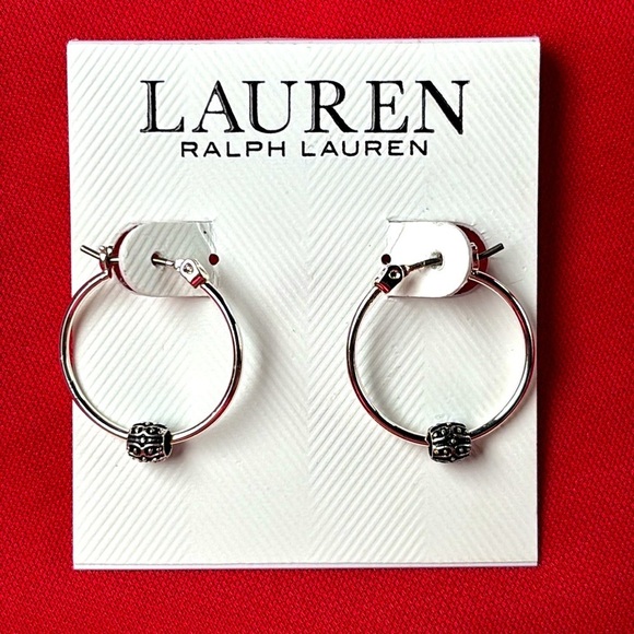 Brand New Lauren Ralph Lauren Small Slider Hoop Earrings Silver Tone Minimalist - Picture 7 of 12